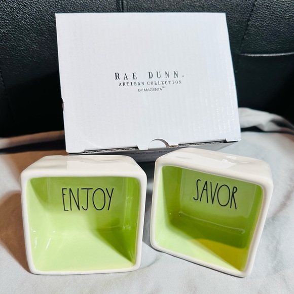 Rae Dunn Artisan Savor and Enjoy Square Ceramic Dipping Bowl Set of 2 - Picture 4 of 12